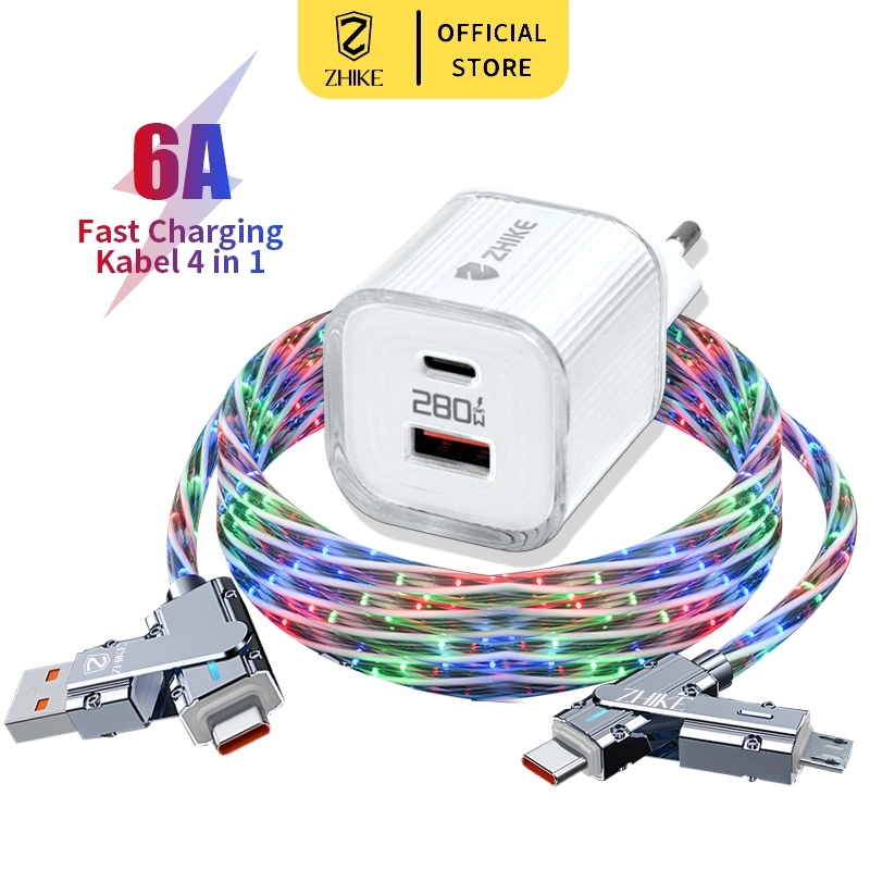 ZHIKE Kabel Data Bercahaya 2 to 2 Fast Charging Cable 4 in 1 Charger Type C to Tipe C Type C to Lightning Lampu Warna-Warni Cable Cahaya Sekitar dengan 240W Adapter 1M Panjang Pengisian Cepat Kabel Untuk Android OPPO VIVO HUAWEI XIAOMI