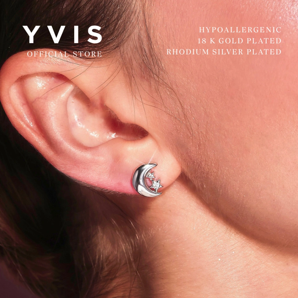 YVIS Moon Stud - Anting Hypoallergenic Lapis Emas 18K dan Silver Rhodium Plated