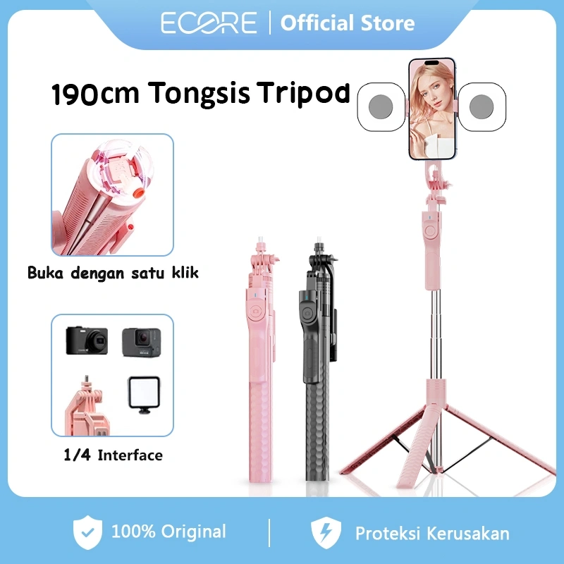 ECORE K50 Tongsis Tripod Bluetooth 190CM Buka Satu Klik Cocok with Remote Selfie Stick Tripod Hand stabilizer Aluminium With Fill Light