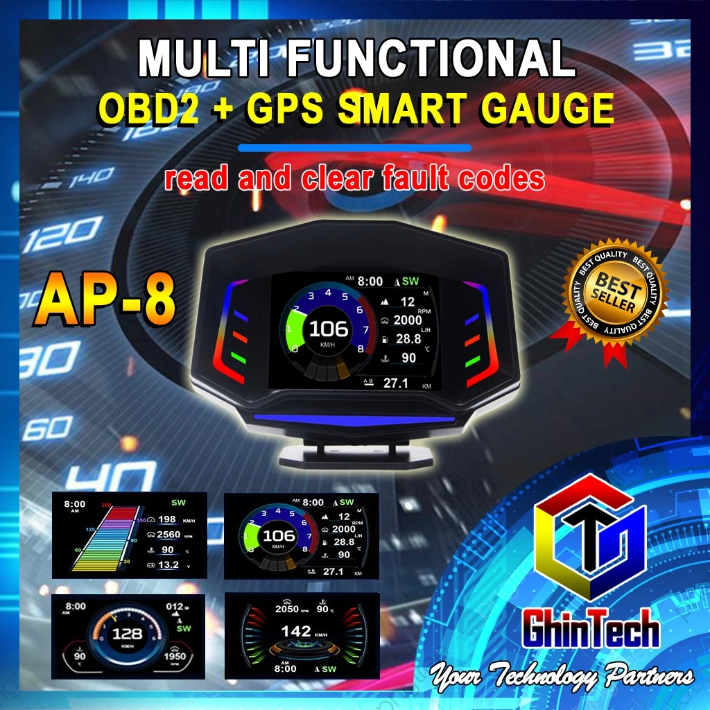 AP8 AP 8 AP-8 HUD OBD2 + GPS + Slope Meter Smart Gauge Dengan cahaya ambien RGB Aksesoris Modifikasi Komputer Berkendara