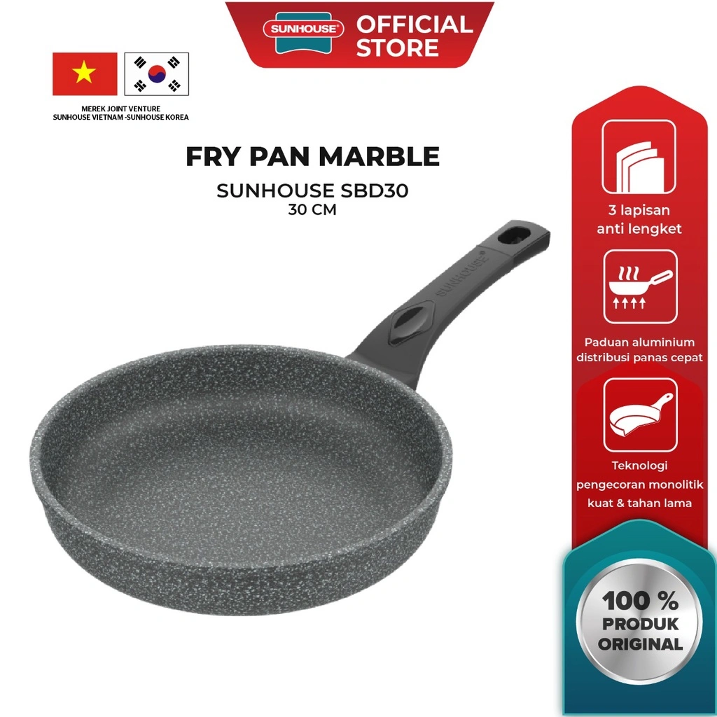 Sunhouse SBD30 Marble Frypan Anti Lengket Hitam 30 cm 1 Pcs