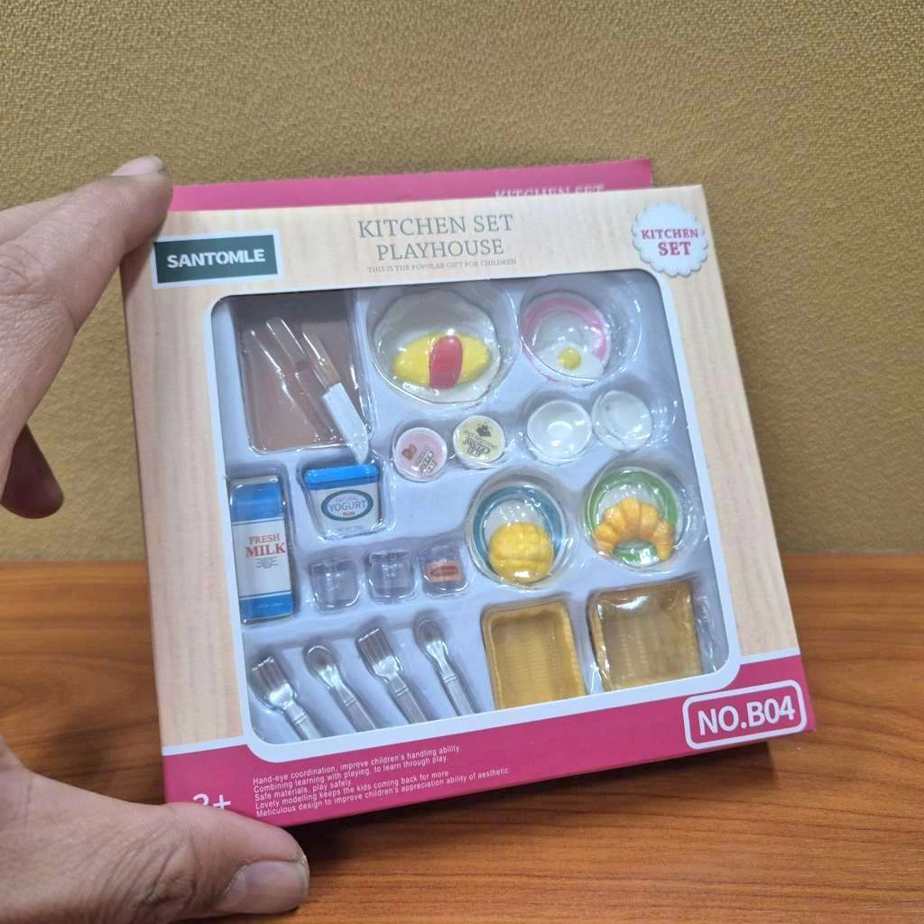 Miniatur Peralatan makan piring sendok susu roti nampan set Santomle mainan rumah boneka diorama toys fotografi