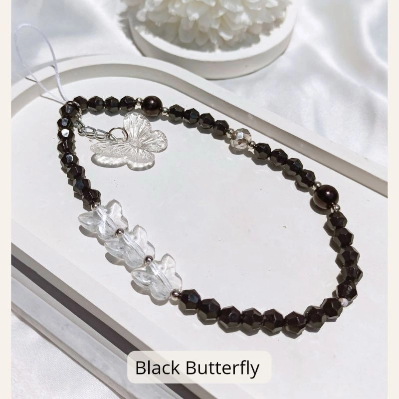 Lanyard Butterfly / Tali ponsel universal cute manik transparan wanita / aksesoris ponsel cute