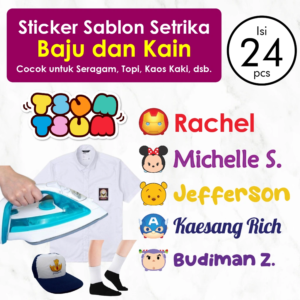 Stiker Label Baju Nama Anak Custom Nama Anak isi 24 Pcs Stiker Kain Custom Bisa Untuk Sablon Setrika Seragam Pakaian Celana Custom Sekolah Pesantren Asrama Custom