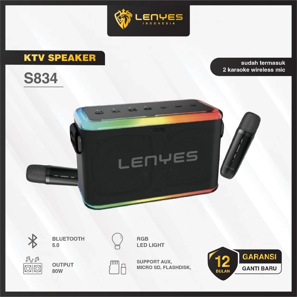 LENYES S834 80W KTV RGB LED Light Wireless Speaker + Microphone Karaoke Bluetooth 5.0 Portable High Power TWS