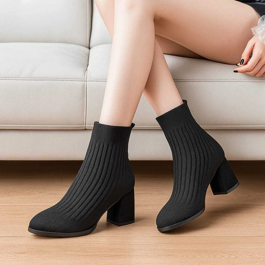 Sepatu Sock Boots Knit Kekinian Korea Wanita Hak Tebal B13