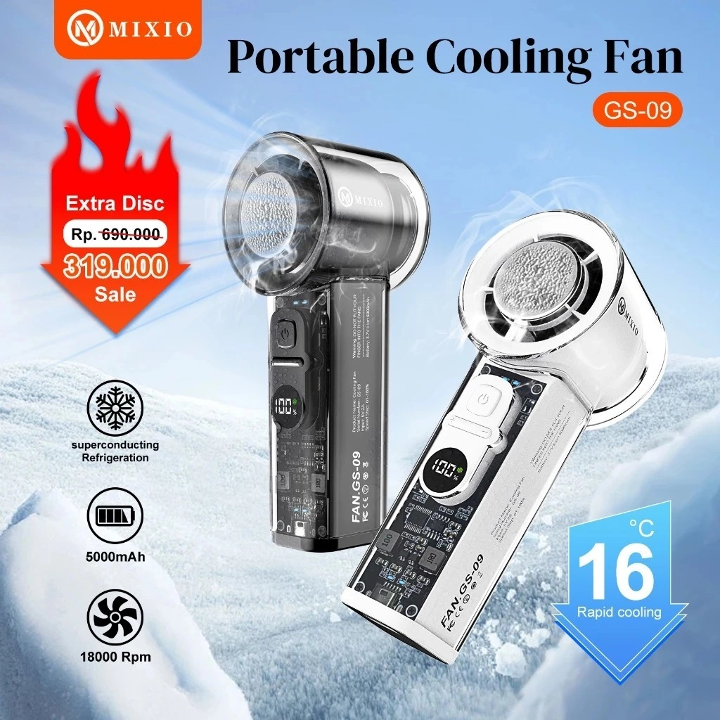 MYROOTS X MIXIO GS-09 Transparant AC Cooling Fan Portable High Speed Kipas Angin Turbo Portable 18000Rpm Es Pendingin 5000Mah