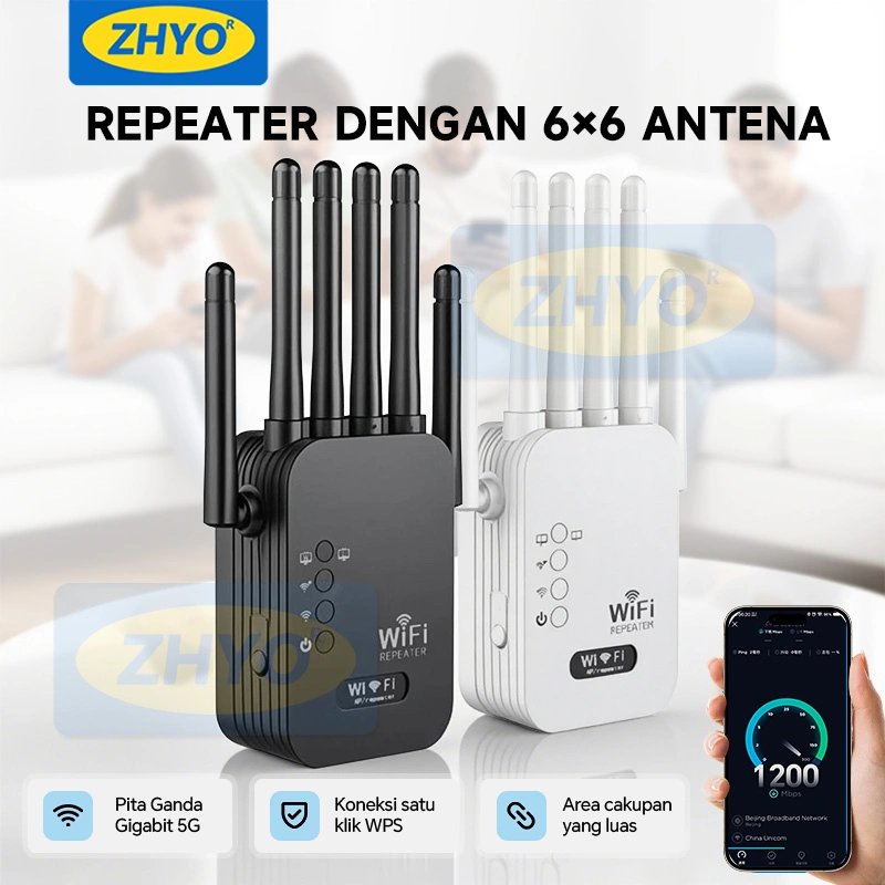 ZHYO Repeater WiFi 1200Mbps 6 Antena Dual Band 2.4G&5G｜Penguat Sinyal Tembus Tembok｜Extender Router Sinyal Kuat Stabil Ada Port LAN