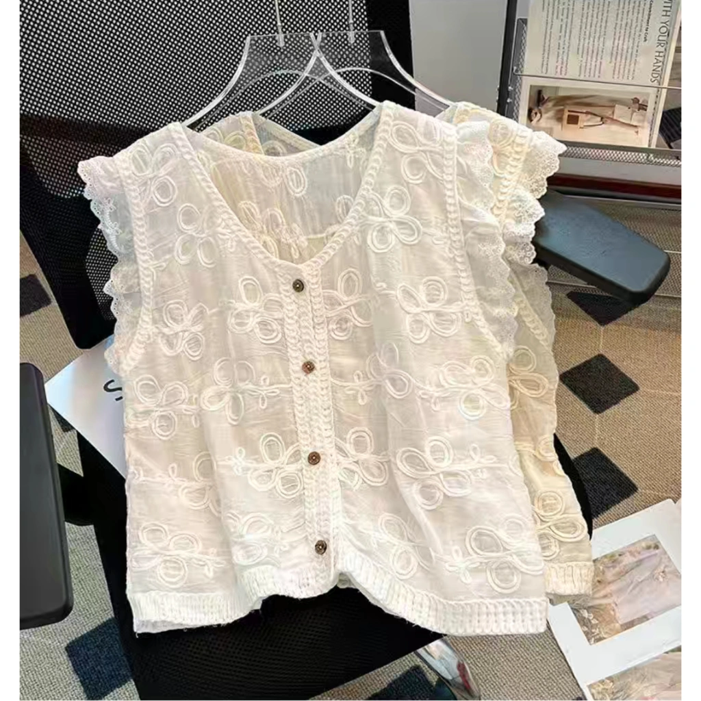 Atasan Crop Vest Katun Bordir Bunga Bunga V-neck Kancing