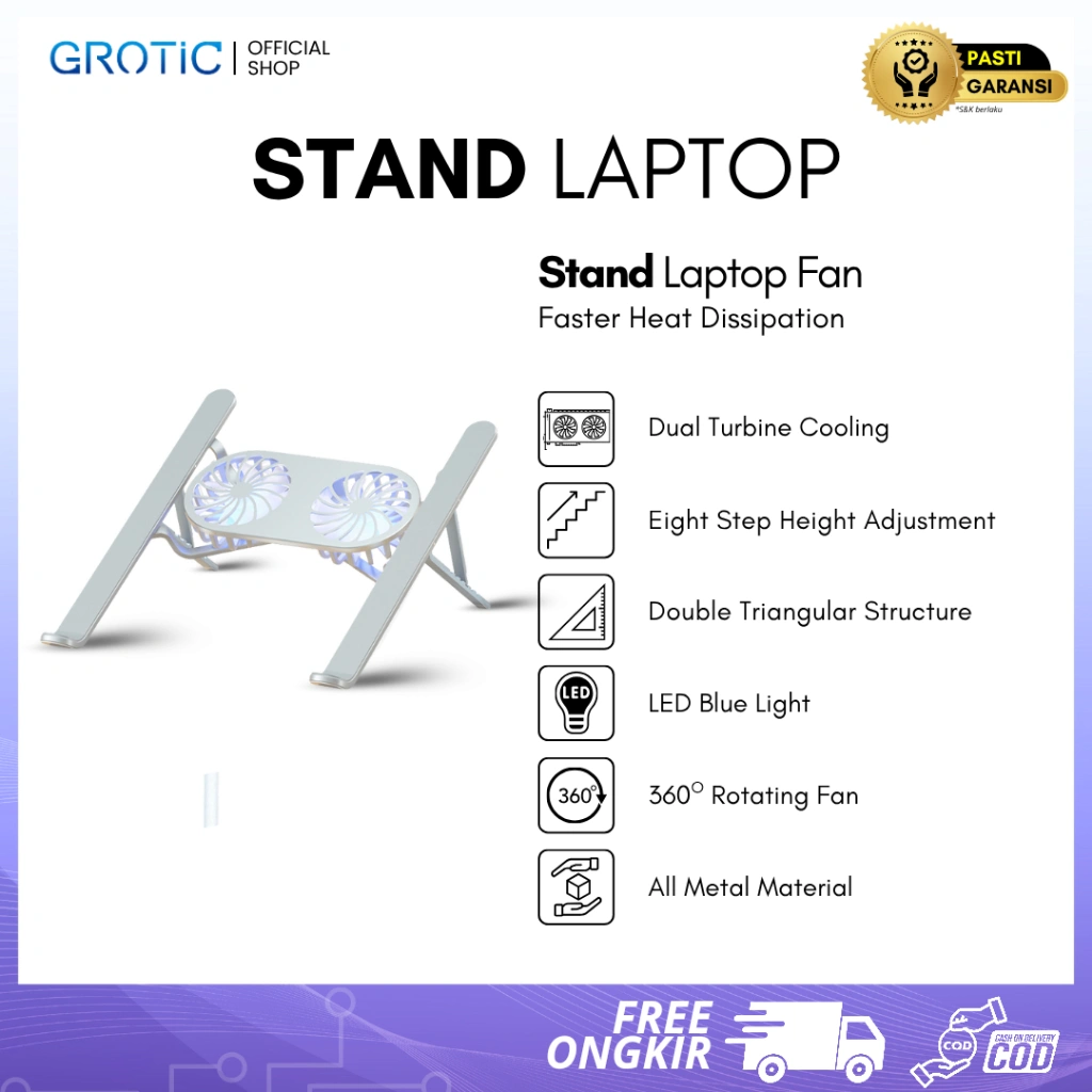 (Beli Satu Gratis Satu) GROTIC Stand Laptop Aluminium Lipat Magnetik dengan Dual Kipas Pendingin dan Lampu