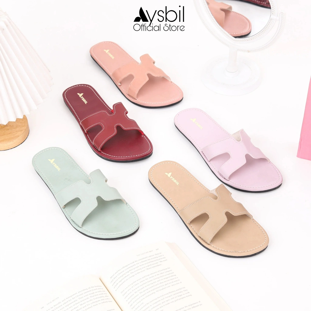 AYSBIL Qasrina - Sandal Flat Wanita Selop - Sendal Teplek Kulit Harian