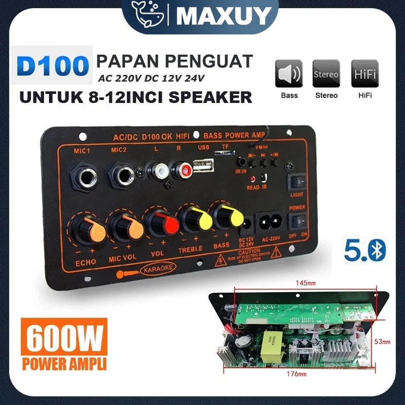 D100 Ampli Full Bass Subwoofer 8 Inch 10 Inch 12 Inch Hi-Fi Bluetooth Rumah Mobil Audio Power Super Bass Bluetooth Amplifiers AC 220V 12V 24V Daya Ditingkatkan Amplifier Otomatis Siaran FM Pemain High-Fidelity Bass Power Dual Mendukung USB TF Remote Contr