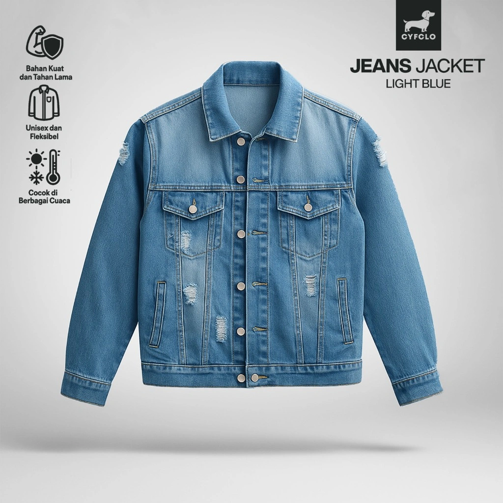 CYFCLO Jaket Jeans Denim Tebal, Kokoh Unisex-Tetap Nyaman Tampil Stand Out | Light Blue