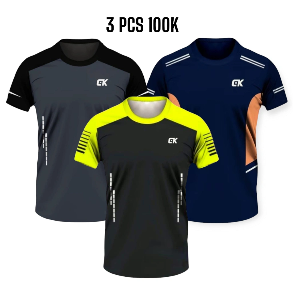 KAOS OLAHRAGA PRIA PAKET HEMAT 3 PCS 100K BAJU OLAHRAGA IMPORT GYM JOGGING FUTSAL LARI TENIS DLL DEWASA SIZE L-XL-XXL