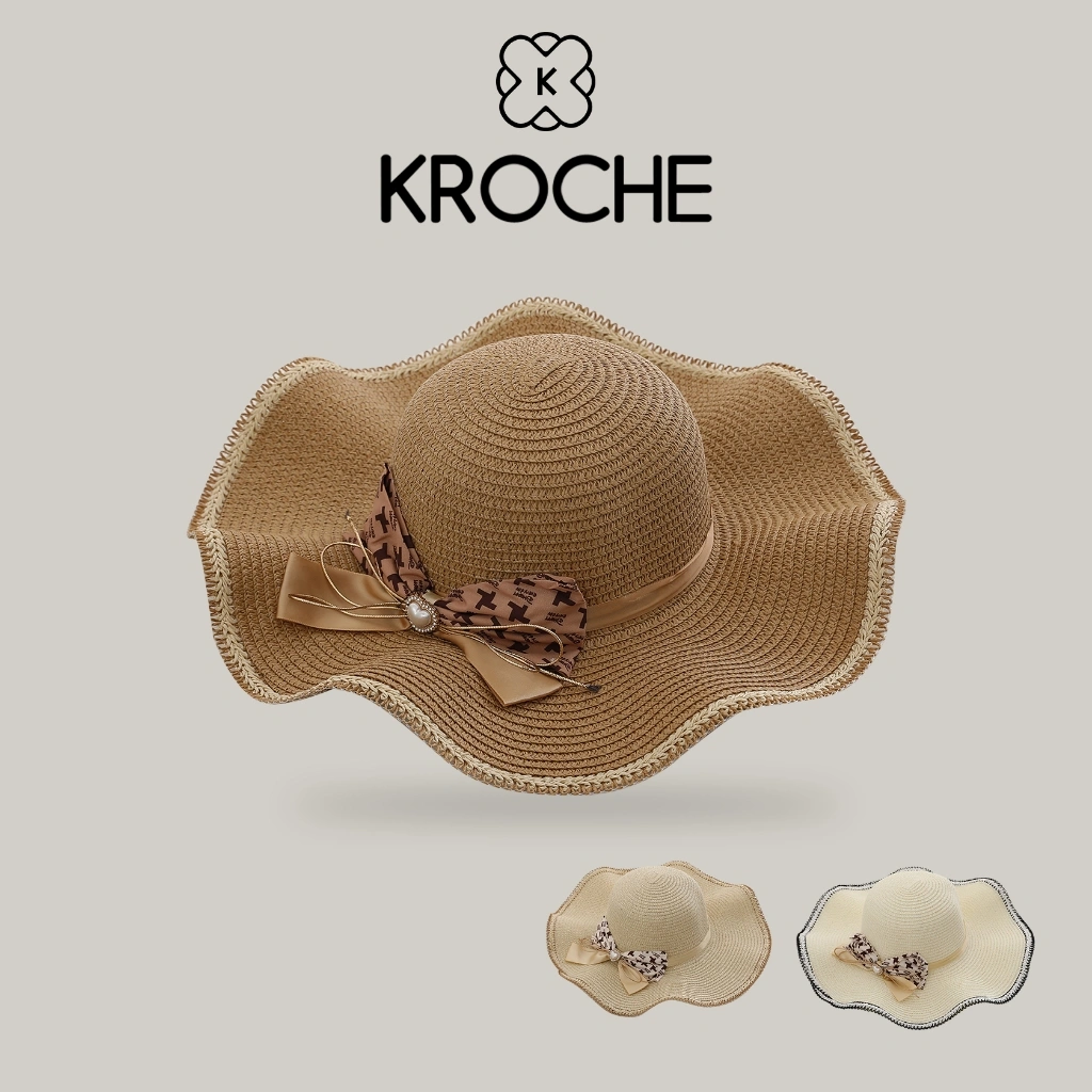 Kroche - Topi Pantai Topi Wanita Kekinian Import Topi Rajut Jerami Helen Summer Hat Fashion