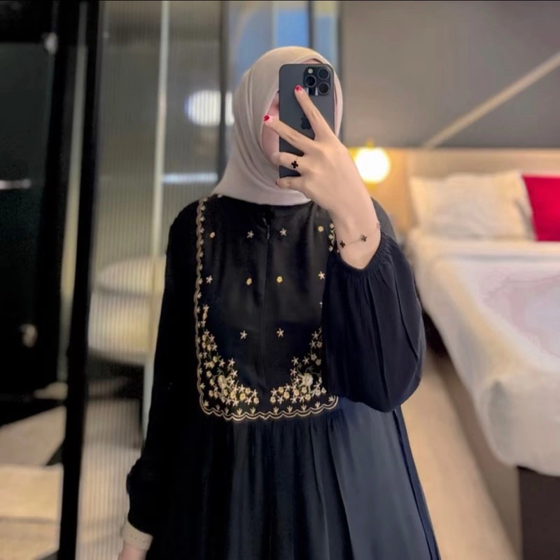 MECCA DRES GAMIS LEBARAN BORRDIR RAYON TWILL TALI SAMPING PREMIUM GAMIS HARI RAYA ABAYA PREMIUM