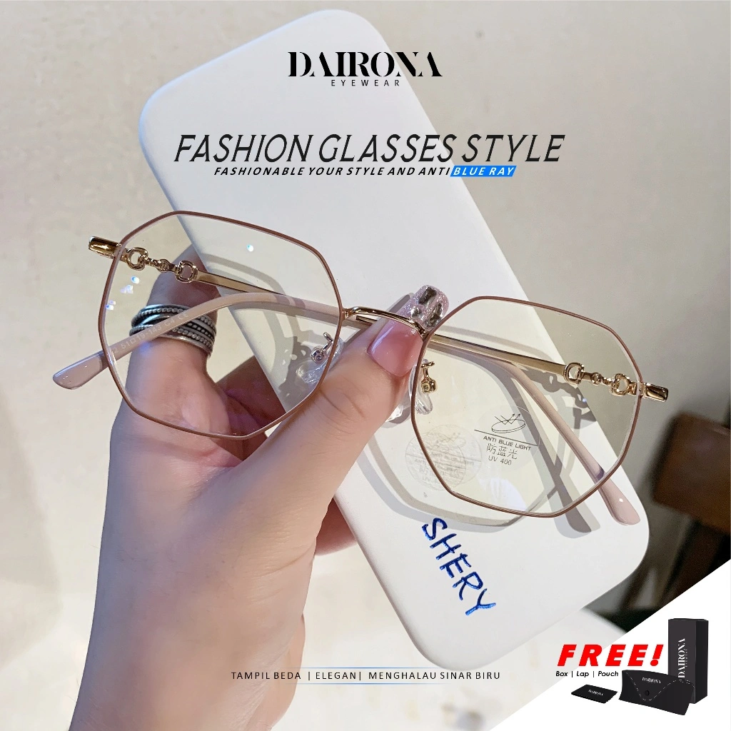 Dairona Eyewear Kacamata Anti Blueray Lensa Minus Photocromic Anti Radiasi Pria Wanita Kacamata Fashion Bentuk Geometri TR-90+Metal 01312
