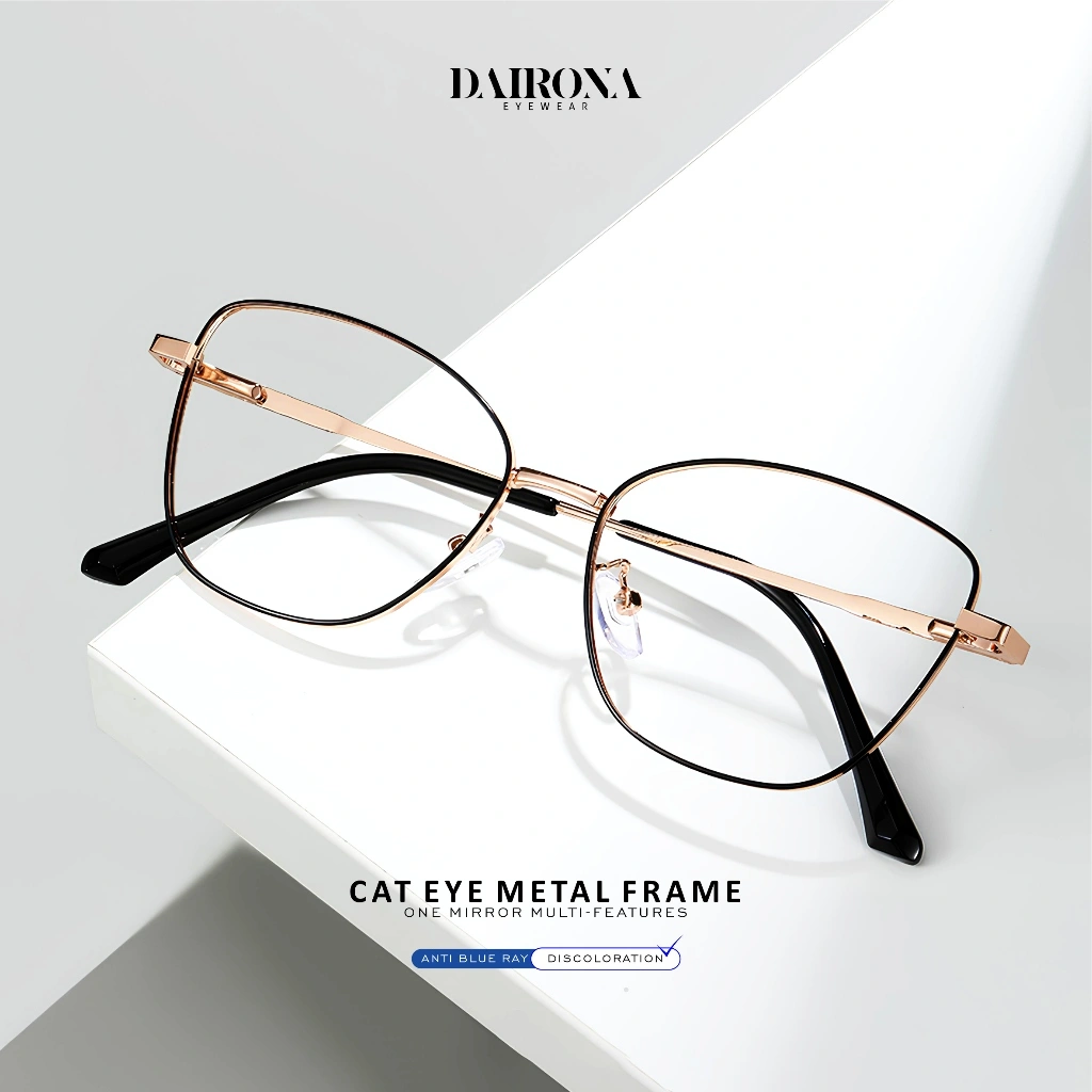 Dairona Eyewear Kacamata Cat Eye Photocromic Minus Anti Blueray Anti Radiasi Bluecromic Wanita Pria 2 in 1 Photocromic Anti Silau Bentuk Cat Eye TR-90+Metal 9601