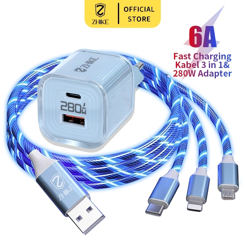 ZHIKE Kabel Data 3 in 1 Bercahaya Type C Fast Charging for Tipe C Micro USB Cable 280W Adaptor 1.2M Pengisian Cepat Kabel Pengisi Daya Untuk Android OPPO VIVO HUAWEI XIAOMI