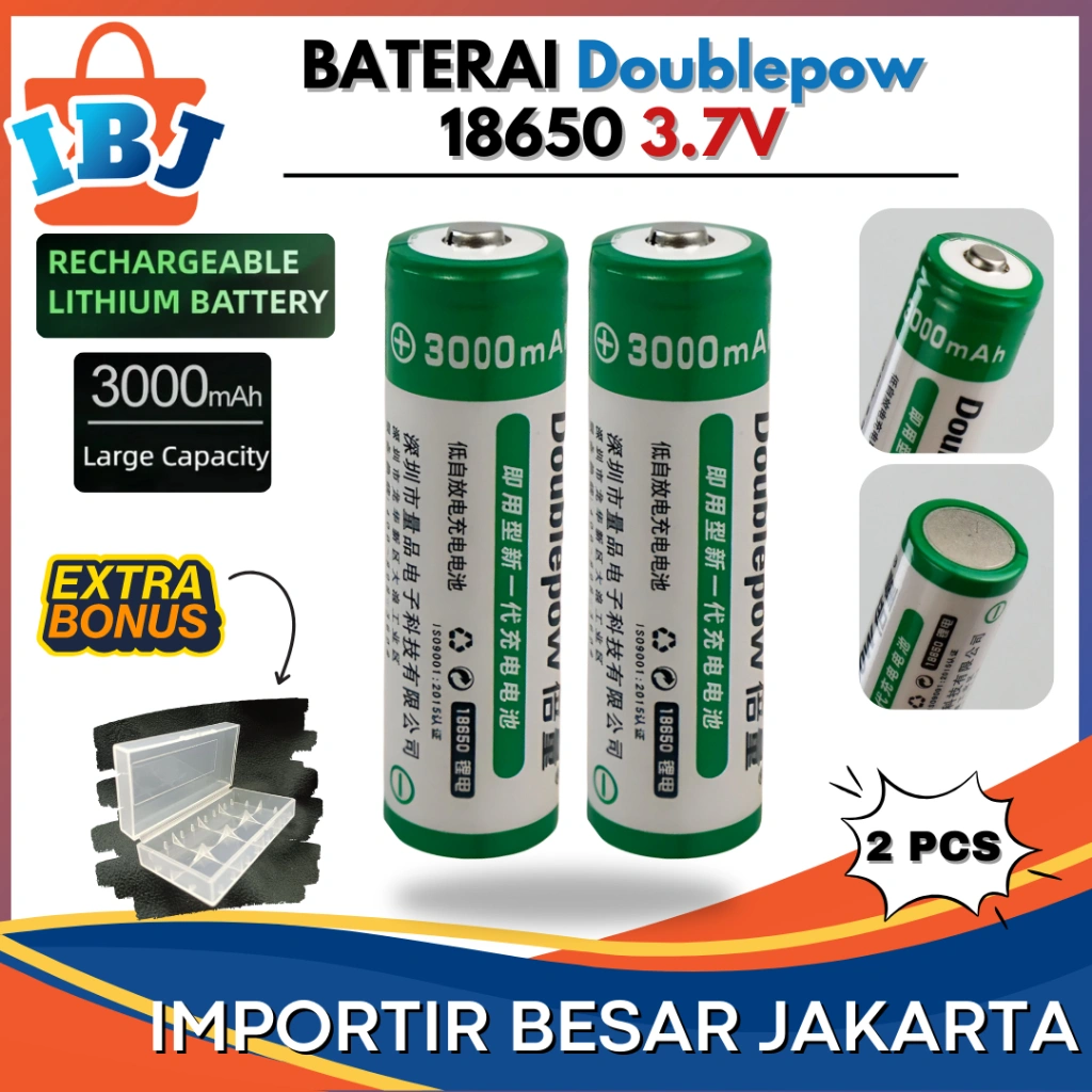 FREE CASE!!! ORIGINAL Baterai 18650 Doublepow 3.7V 2 PCS 3000mAh KEPALA TIMBUL Baterai Senter