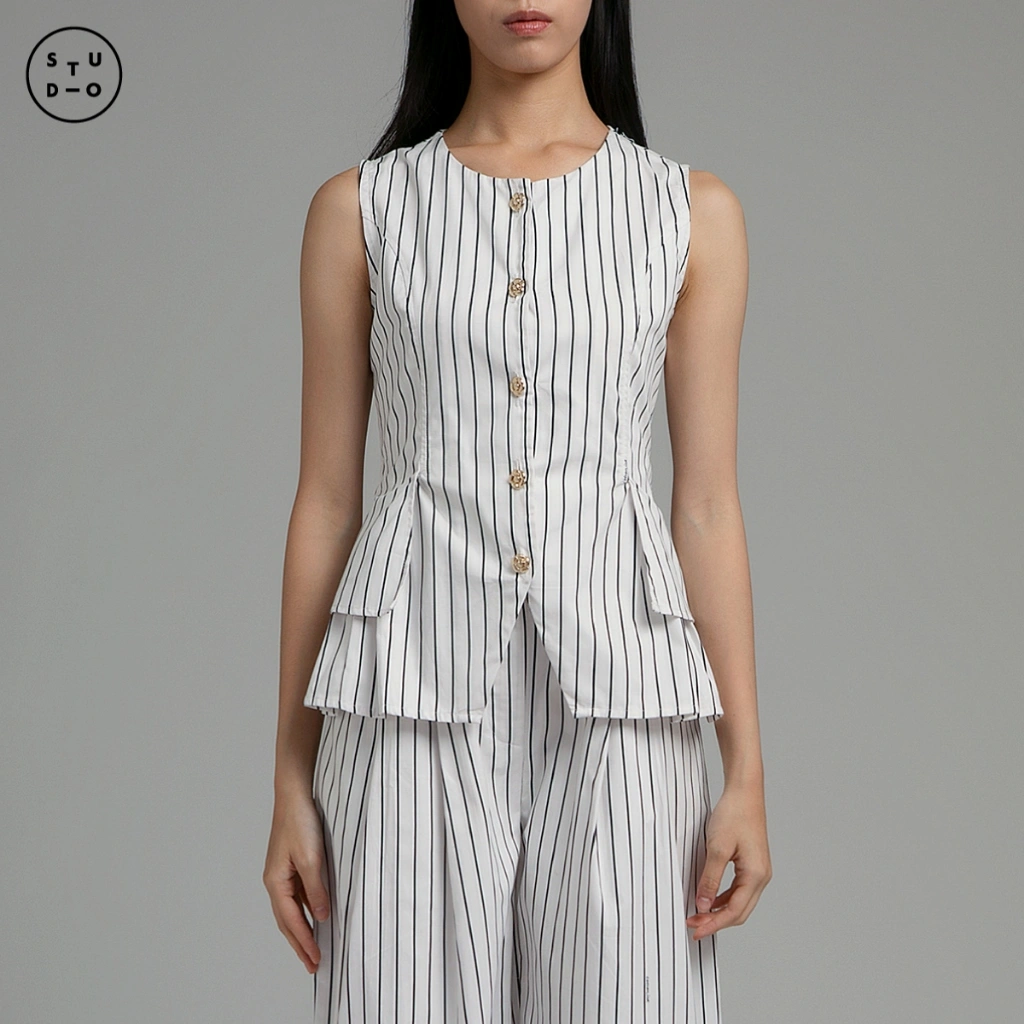 COTTONINK Studio - Outerwear Vest Wanita Off-white Striped Sankey #StudioSpring2025