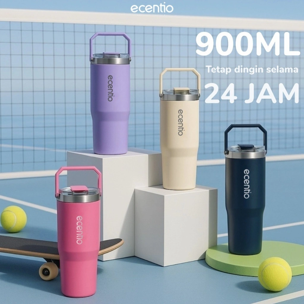 [Outdoor] ecentio tumbler Stainless olahraga Vacuum 900ml navy briu/pink/beige/ungu outdoor sport lari Portable Tetap dingin selama 24 JAM Thermos Botol minum besar