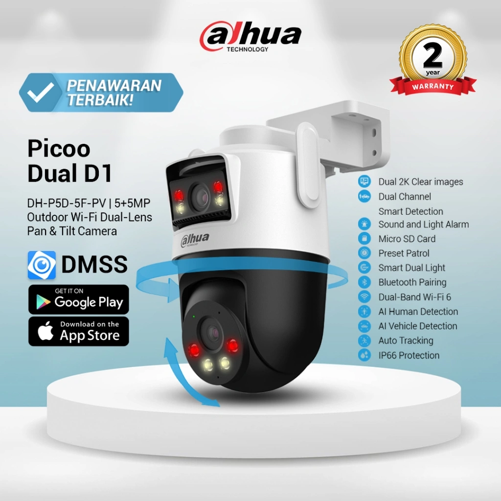 Dahua Picoo Series Dual D1 5MP DH-P5D-5F-PV | Kamera CCTV Wi-Fi Dual-Lens Outdoor - Pan & Tilt - AI Smart Detection - IP66 Waterproof Wifi CCTV
