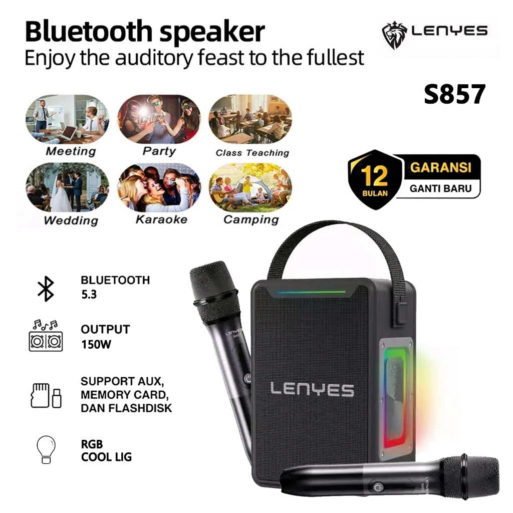 LENYES S857 150W KTV Wireless Speaker + Microphone Karaoke Bluetooth 5.3 Portable RGB Light DSP High Power TWS