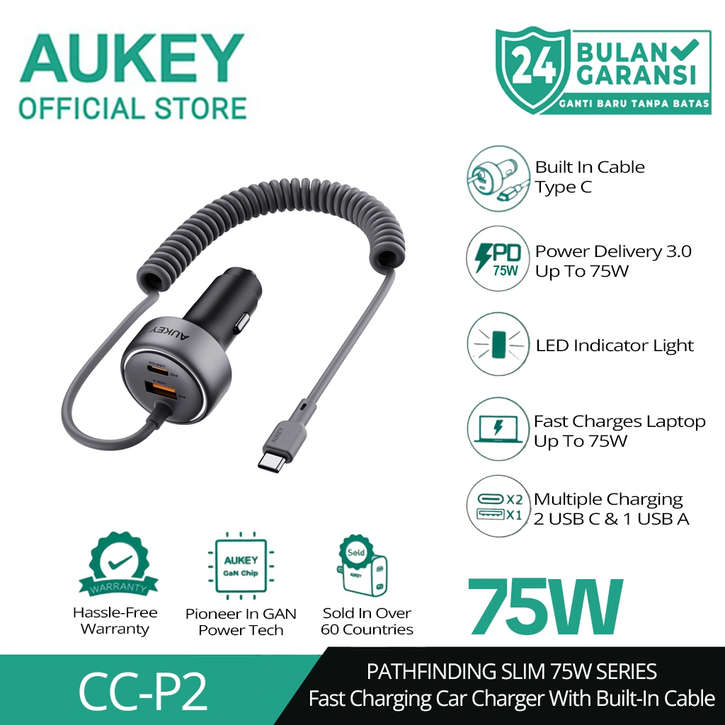 AUKEY Car Charger 75W Built In Cable USB C PD 3.0 QC 3.0 Multi Port PathFinder Sling CC-P2