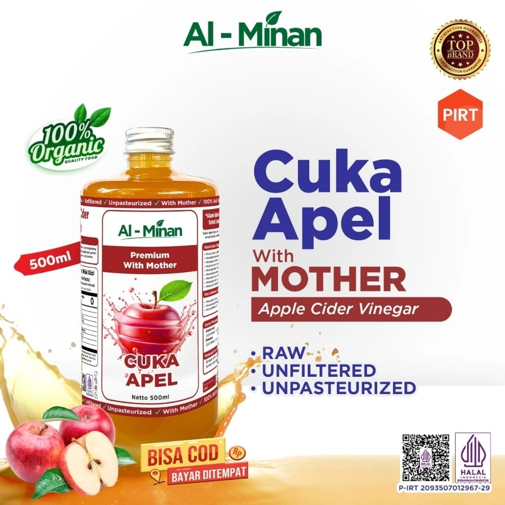Cuka Aple 500 ml - aple cider vinegar- kontrol gula darah - premium organik, cuka apel alami tanpa campuran air, pewarna, dan gula 100% alami