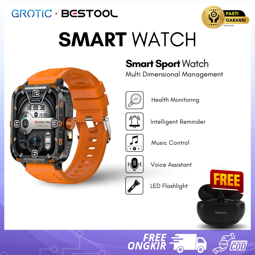 GROTIC Smartwatch ZW59 1.95" Layar TFT IP67 Tahan Air 100+ Mode Olahraga Monitor Kesehatan AI Voice Baterai 300mAh Standby 10-15 Hari