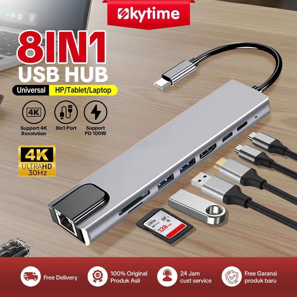 Skytime USB Hub 8 in 1 Adapter Converter type c to HDMI Type C SD/TF Card 4K Kabel 100M Fungsi OTG usb hub type c - DS01