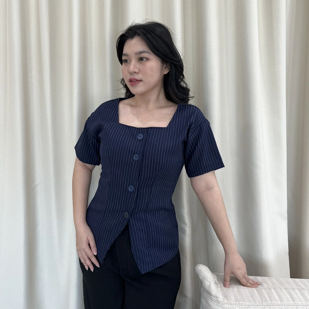 SomethingSweet - SIENNA Kemeja Leher Kotak Wanita l Atasan Wanita l Kemeja Salur Basic Lengan Pendek l Kantor Casual