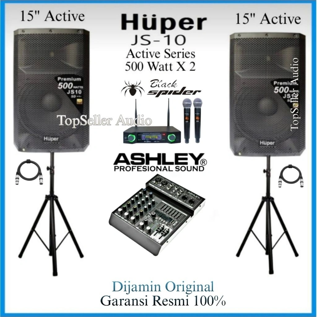 Paket Sound System Speaker 15 Inch Live Musik [ Karaoke ] Huper Js10 Original Mixer Ashley Premium 4 Channel Mic 2 Wireless Original Garansi Resmi