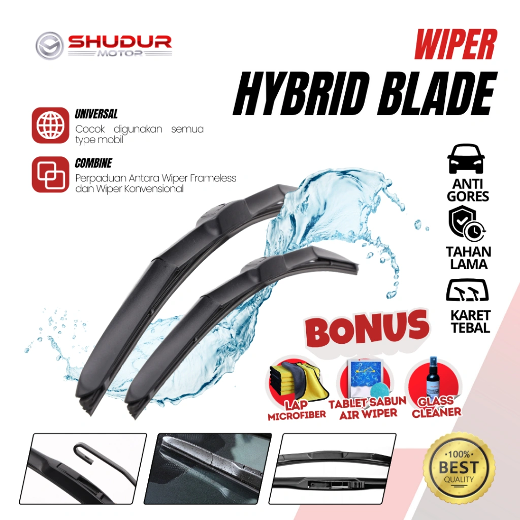 Wiper Hybrid Blade Universal Untuk Semua Jenis Mobil Universal 1 Set Kiri dan Kanan Bonus Lap Microfiber, Sabun Wiper & Glass Cleaner U301