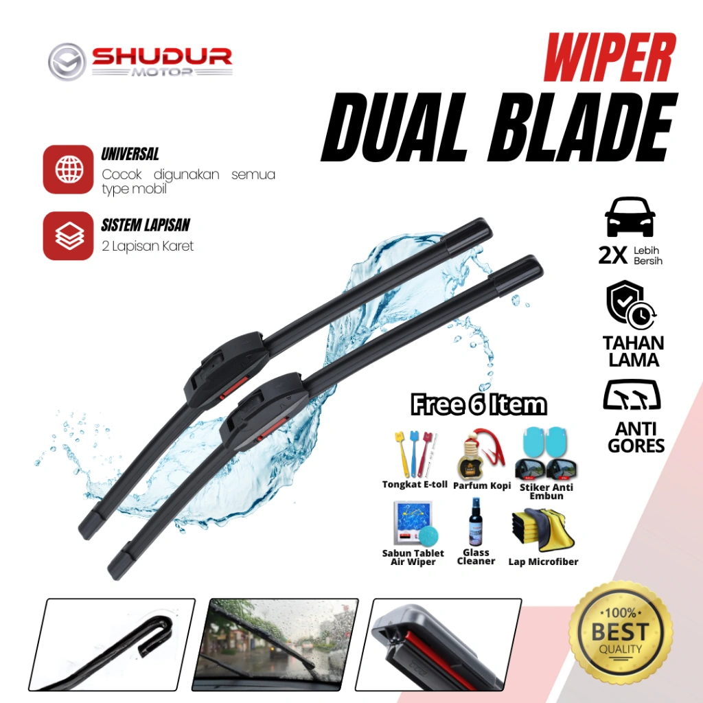 Wiper Mobil Frameless Dual Karet Model Ganda untuk Semua Jenis Kendaraan Windshield Kaca Kendaraan Bonus 6 Item ( Stiker Anti embun, Parfum Kopi, Tongkat E-Toll, Lap Microfiber, Sabun Air Wiper ) U201