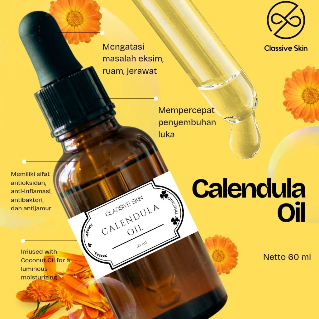 CLASSIVE SKIN- Minyak Calendula Kulit Gatal Eksim Pure Calendula Face Oil Natural Serum Wajah Anti Aging Cold Pressed Original Alami