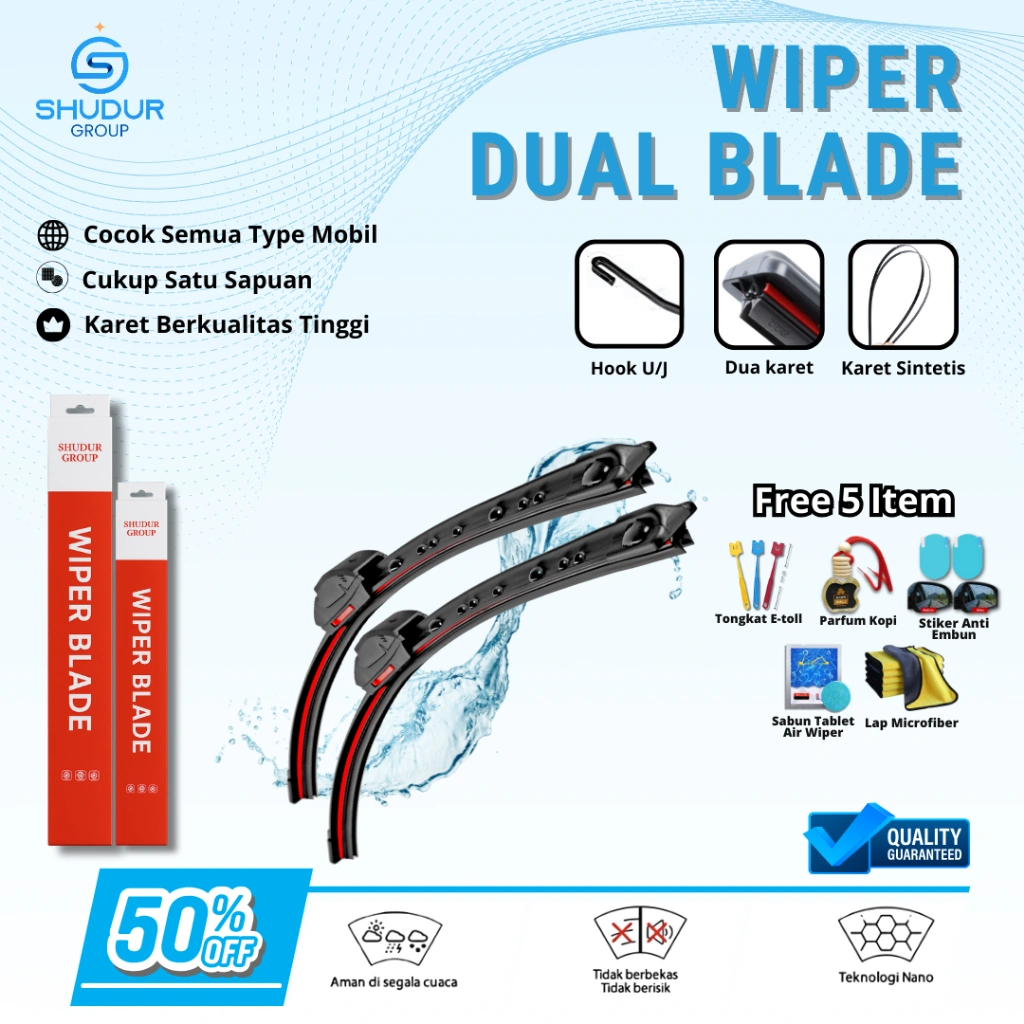 Shudur Wiper Mobil Double Blade 2 Lapis Karet Frameless Universal Sepasang Bonus 5 Produk