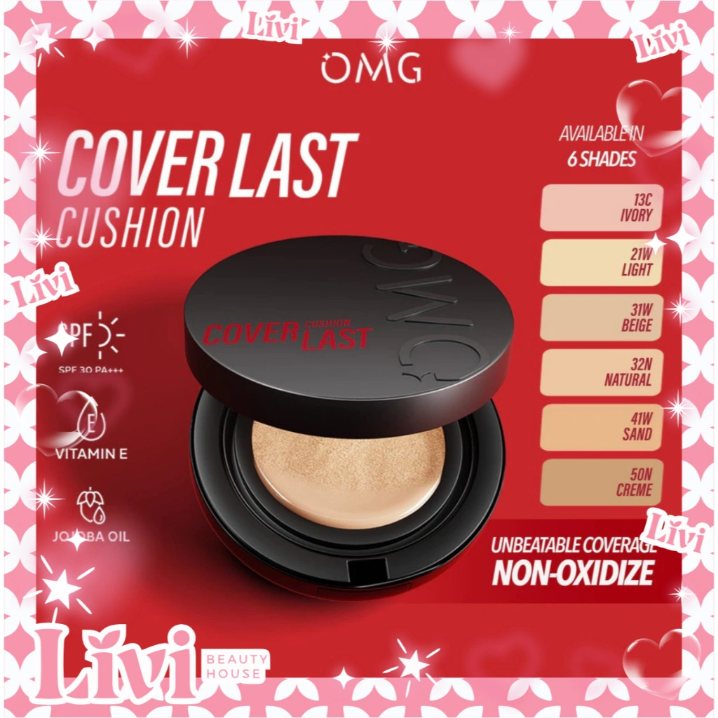 LIVI - OMG Oh My Glam Coverlast Cushion 15g || No-Oxidize 12 Jam Cushion Foundation Concealer Skin Tint Make Up High Coverage Dewy Finish || Poreless Cushion - Glow Cushion || Menyamarkan Kemerahan, Bekas Jerawat