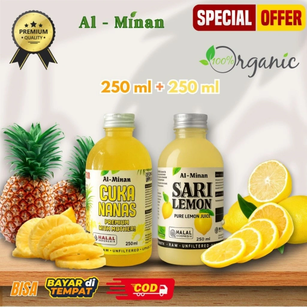 CUKA NANAS DAN SARI LEMON ASLI MURNI AL MINAN PREMIUM 250ML 100% alami, tanpa campuran air, tanpa pewarna, tanpa gula