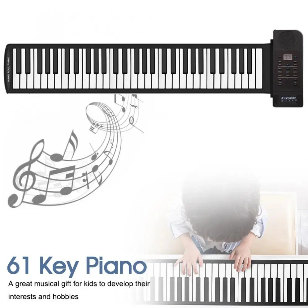 Flexible Piano 61 Keys 128 Tone Silicone Portable Foldable Soft Keyboard Electronic Piano Roll Up MIDI USB DC Power+ Battery