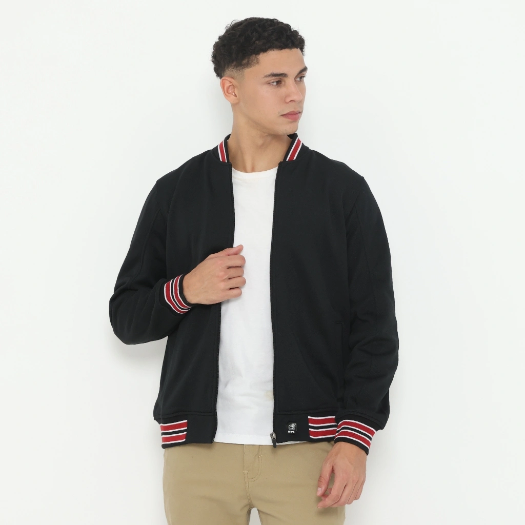d&f Jaket Bomber CVC Pria  - hitam strip maroon