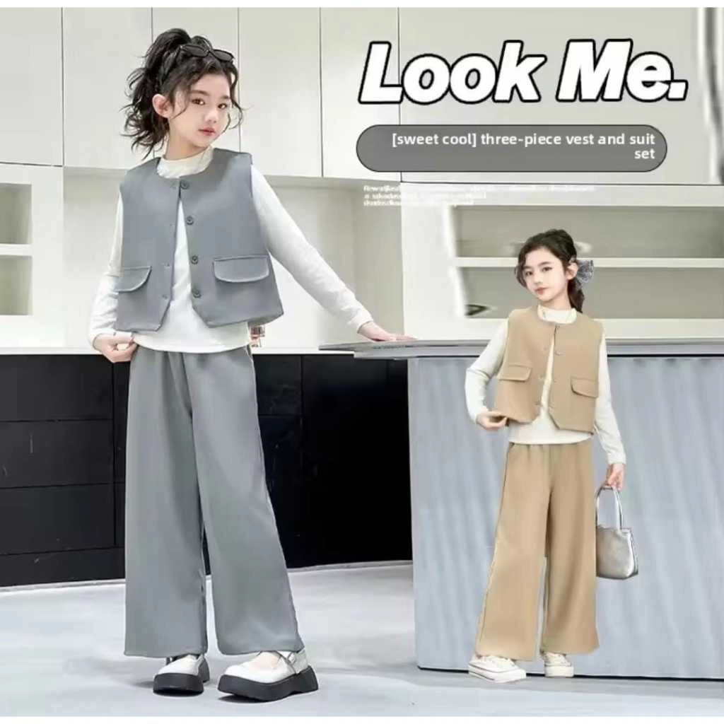 DELISA GIRL SET Setelan Set Anak Besar Korean Style Teenager Remaja Perempuan Kaos Lengan Panjang 3in1 Celana Panjang Fashionable Trendy Usia 7 Tahun - 12 Tahun