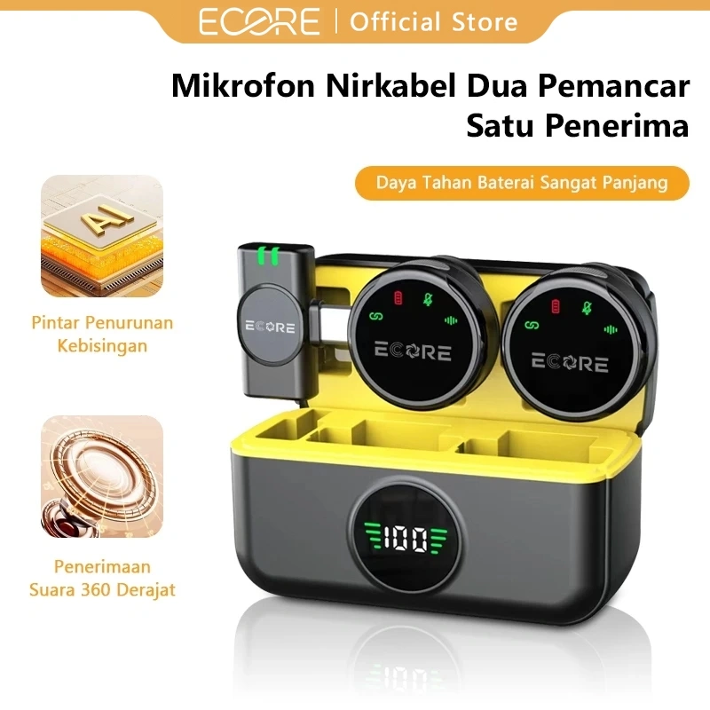 ECORE A30 MIC Wireless Clip on Mic Microphone Dual Magnetic Mikrofon Plug & Play, untuk TikTok, YouTube & Live Stream , Charging Case tnw a30 wireless microp mic bluetooth