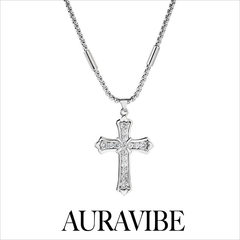 AURAVIBE Kalung Pria Titanium Steel dengan Salib Kristal - Gaya Streetwear yang Edgy (Terbaru)