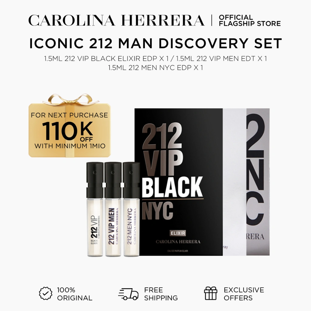 [DISCOVERY SET] Carolina Herrera Iconic 212 Man Discovery Set 1.5ML 212 VIP Black Elixir x 1 / 1.5ML 212 VIP MEN EDT x 1 / 1.5ML 22 Men NYC EDP x 1 (Parfum Pria)