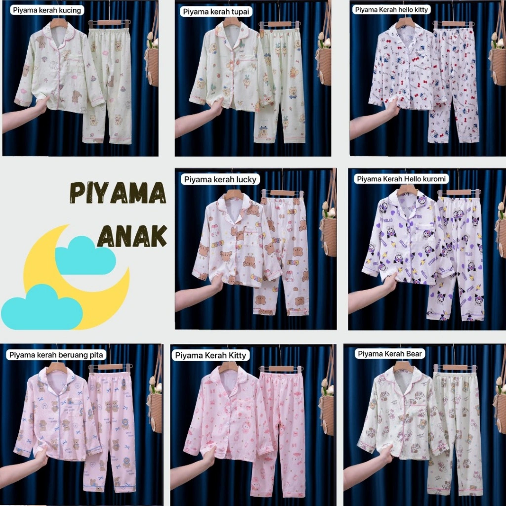 Piyama Tidur kerah Anak Perempuan Umur 4-15 Tahun