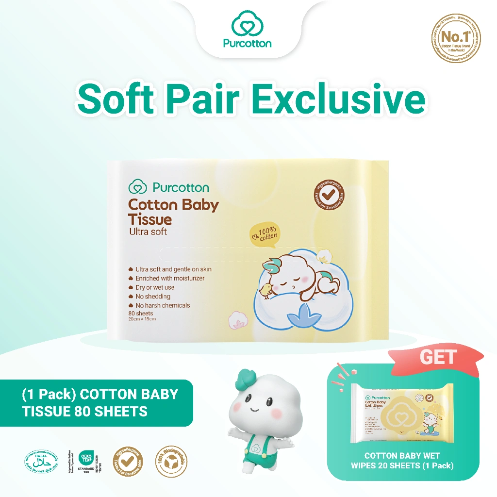 PURCOTTON Natural Baby Cotton Tissue 80 Lembar - Tisu Bayi Lembut dan Aman untuk Kulit Sensitif - Ultra soft