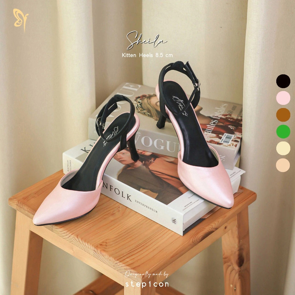 STEPICON (Sheila) Angkle Strap Kitten Heels / Hak Lancip 8.5 cm Wanita dengan Buckle / Gasper kait