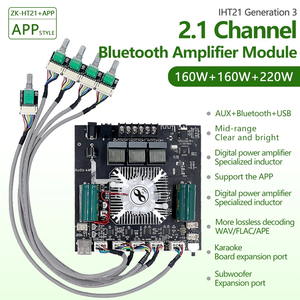 Wuzhi Audio | ZK-HT21 Bluetooth digital power amplifier modul 2.1 channel TDA7498E HT21-3G generasi ketiga Wuzhi 160W + 160W + 220W Amp